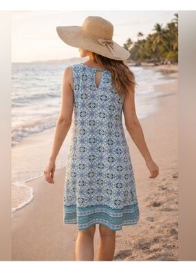 💚Aqua Et Sol Sleeveless Green Tile-Print UPF 50+ Beach Cover-Up Dress Size S💚